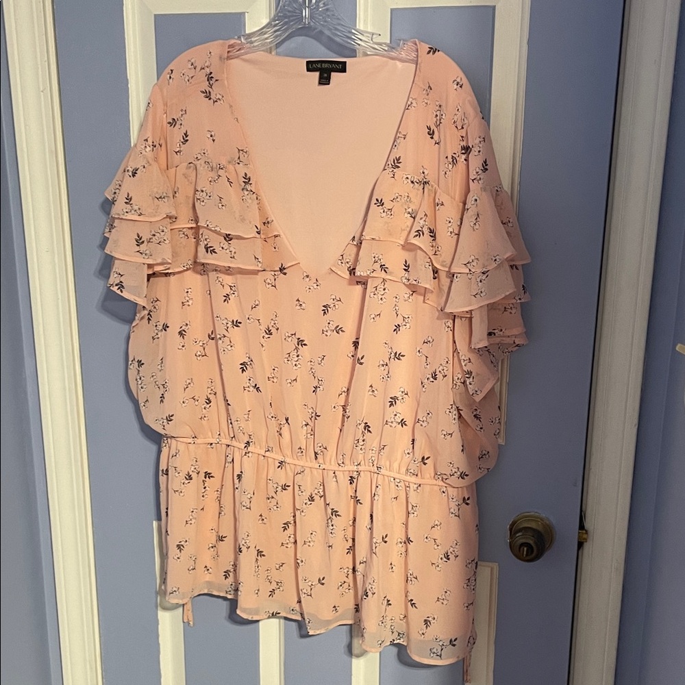 Lane Bryant Pink Floral Ruffle Blouse